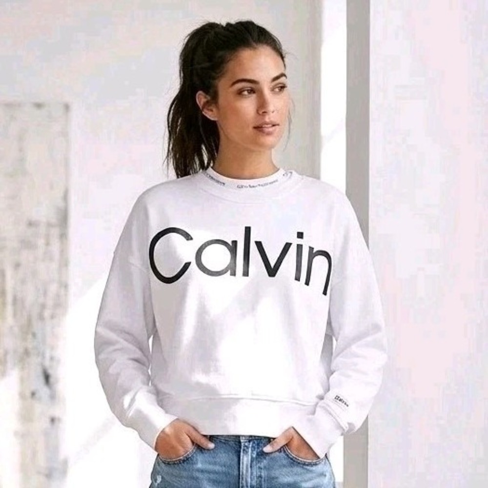 Calvin Klein Performance Womens Oversized Cropped Crewneck Sweatshirt White L XL
